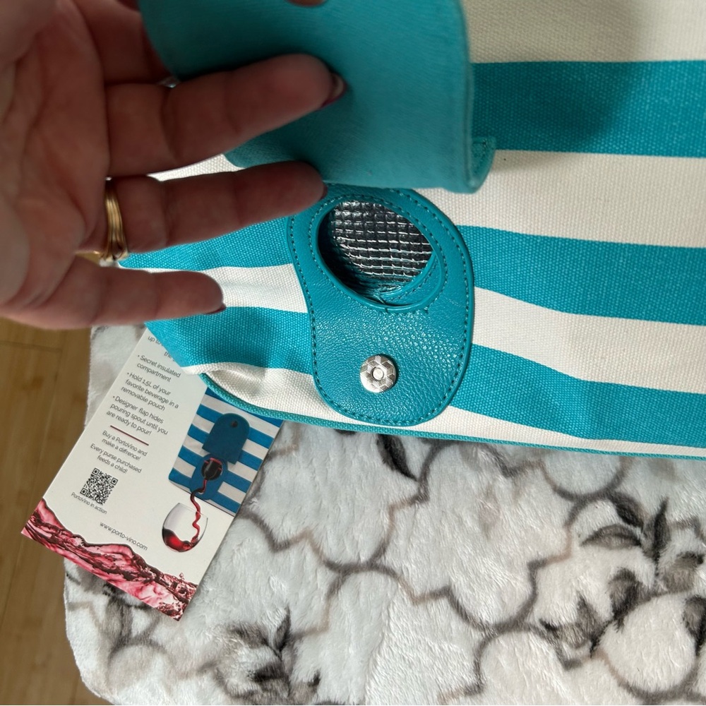 NWT Porto Vino Teal White Striped Secret Insulated Wine Tote Bag Purse - Picture 11 of 14